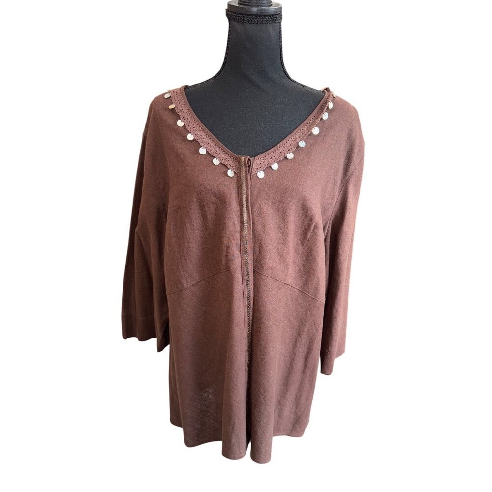 Brown Napa Valley Woman 22W Tunic Top With Crochet Trim & Sequin Linen Casual